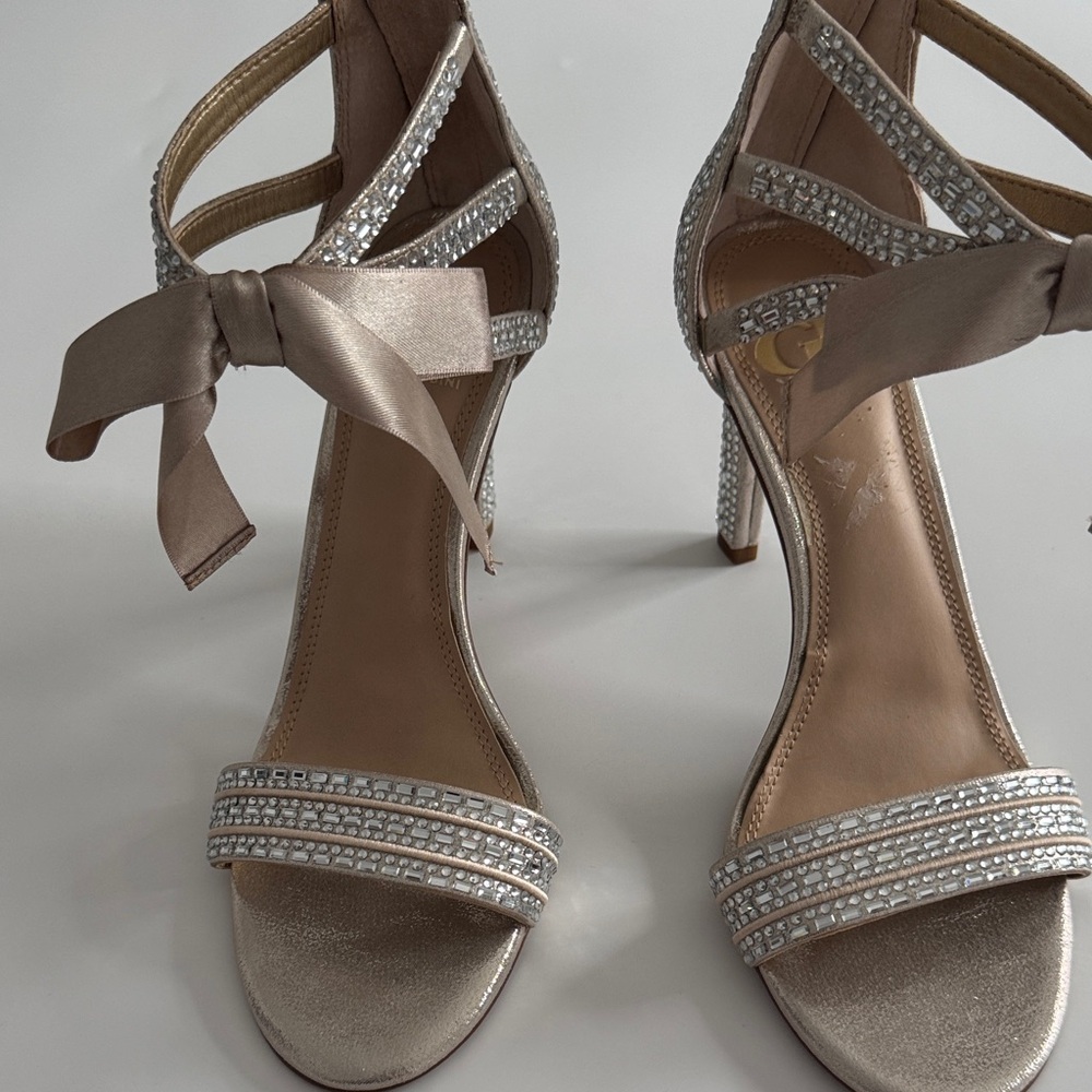 Gianni Bini Champagne Satin Crystal Strap Heels with Bow